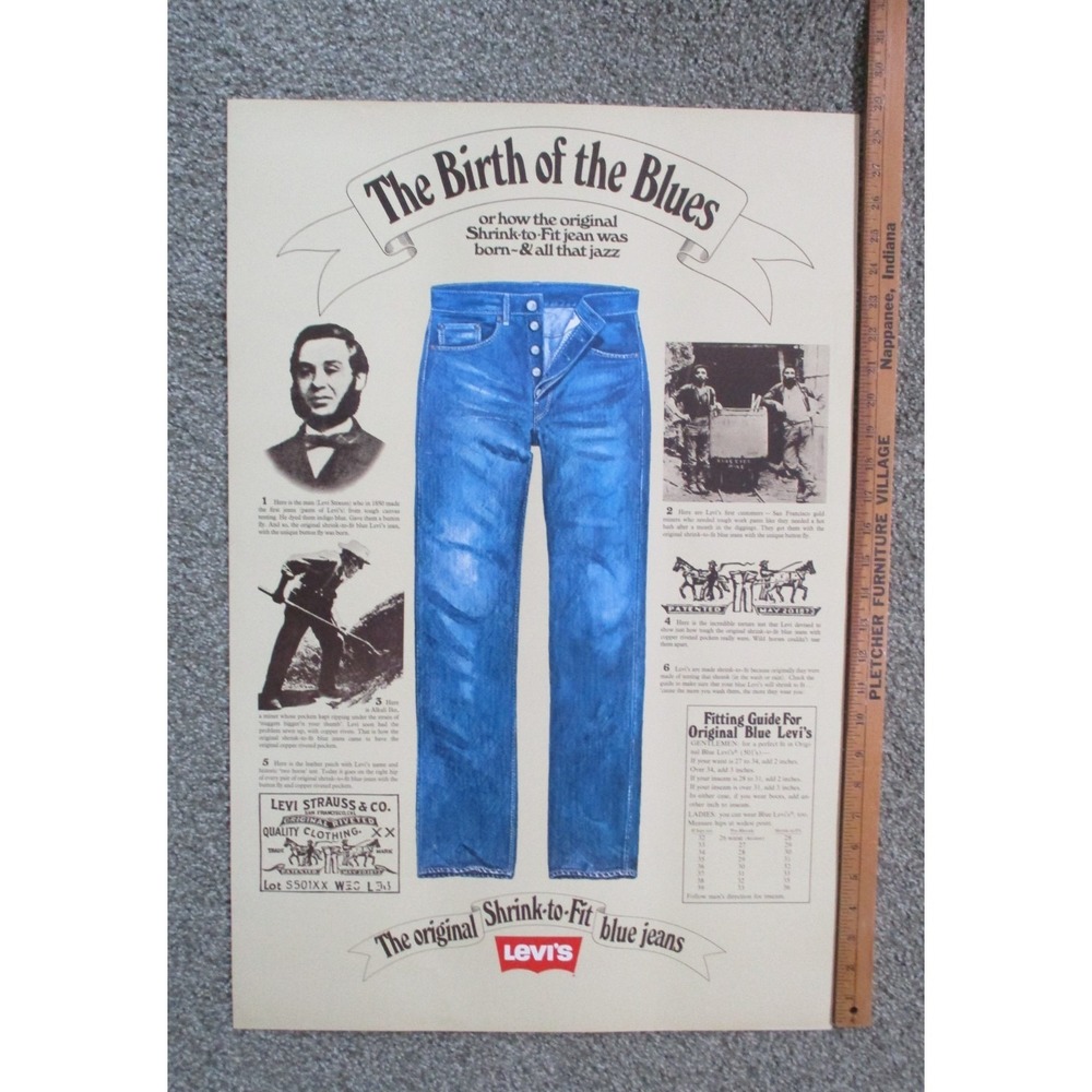 Vintage 90'S LEVI'S Blue Jeans Advertising Poster "THE BIRTH OF THE BLUES" 28x19